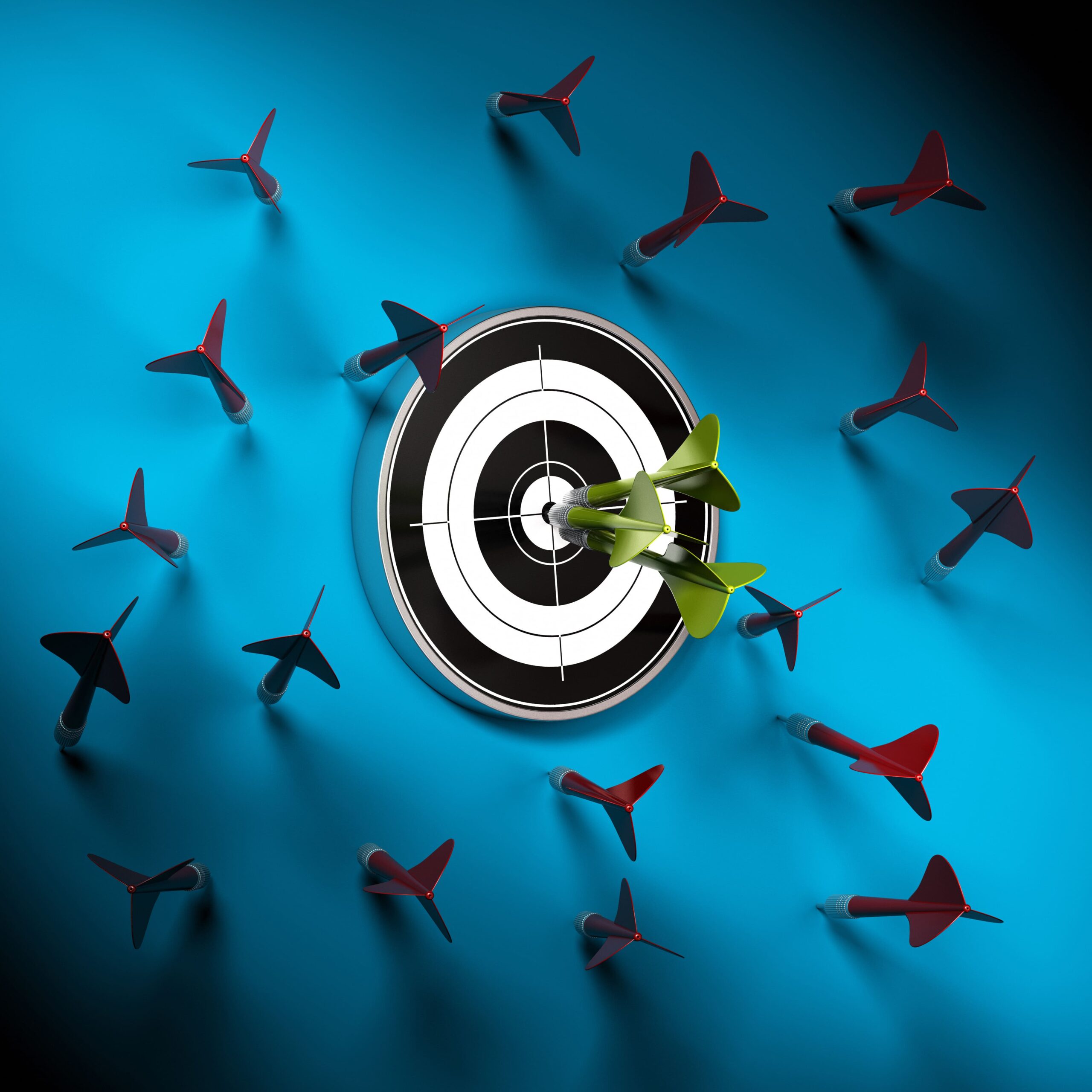 many-red-darts-failed-hit-center-target-three-green-one-reached-there-goal-image-blue-background